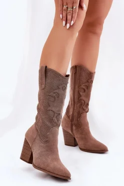 Online Damskie buty S.Barski Ażurowe Kozaki Kowbojki Na Słupku S.Barski HY51-606 Brązowe Brązowy