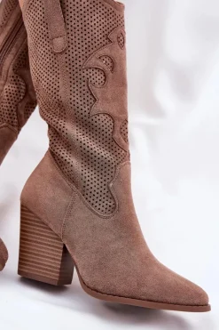 Online Damskie buty S.Barski Ażurowe Kozaki Kowbojki Na Słupku S.Barski HY51-606 Brązowe Brązowy