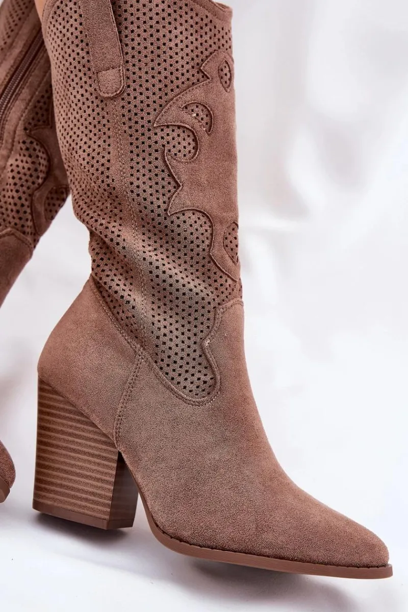 Online Damskie buty S.Barski Ażurowe Kozaki Kowbojki Na Słupku S.Barski HY51-606 Brązowe Brązowy