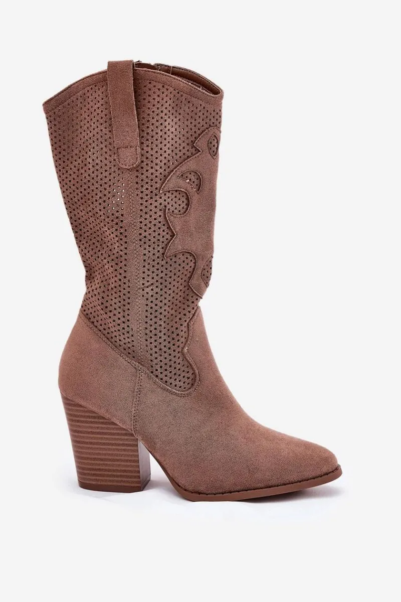 Online Damskie buty S.Barski Ażurowe Kozaki Kowbojki Na Słupku S.Barski HY51-606 Brązowe Brązowy