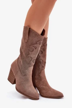 Online Damskie buty S.Barski Ażurowe Kozaki Kowbojki Na Słupku S.Barski HY51-606 Brązowe Brązowy