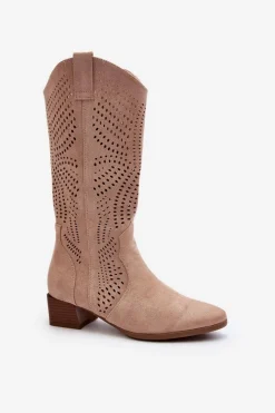 Outlet Buty damskie Vinceza Ażurowe Kozaki Na Niskim Obcasie Beżowe Walea