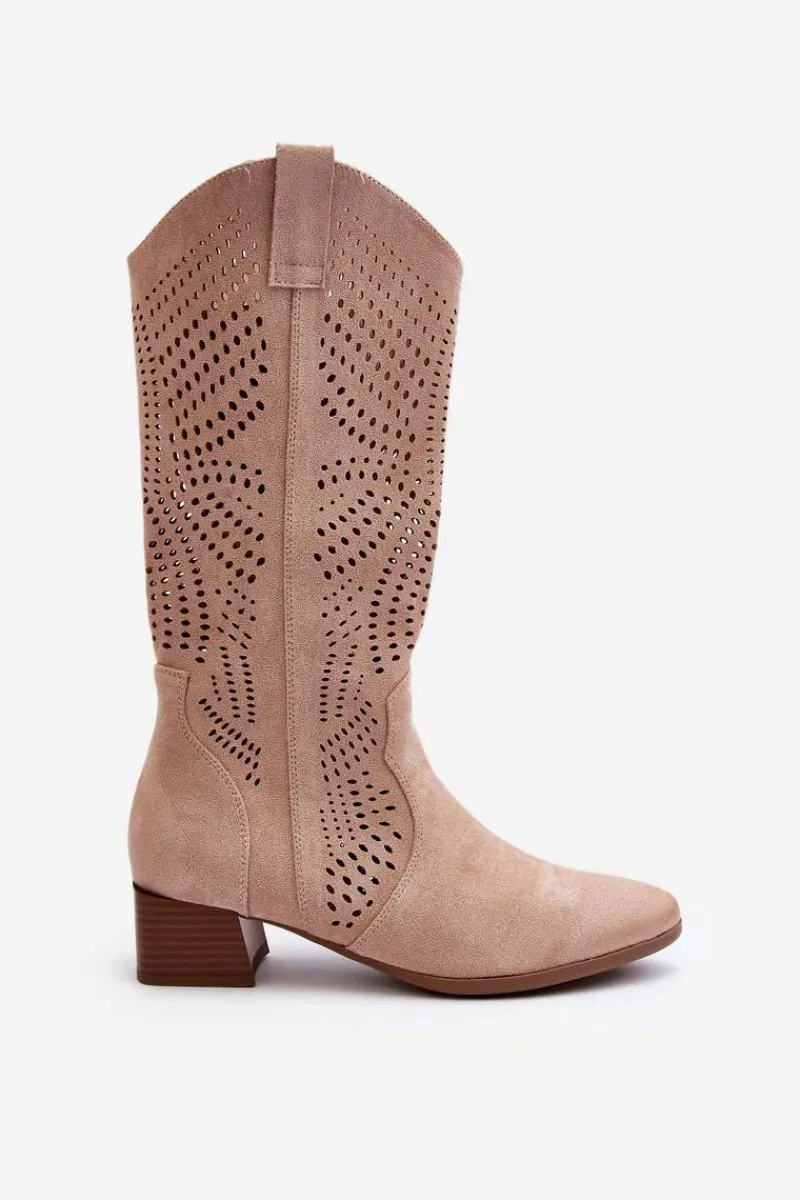 Outlet Buty damskie Vinceza Ażurowe Kozaki Na Niskim Obcasie Beżowe Walea