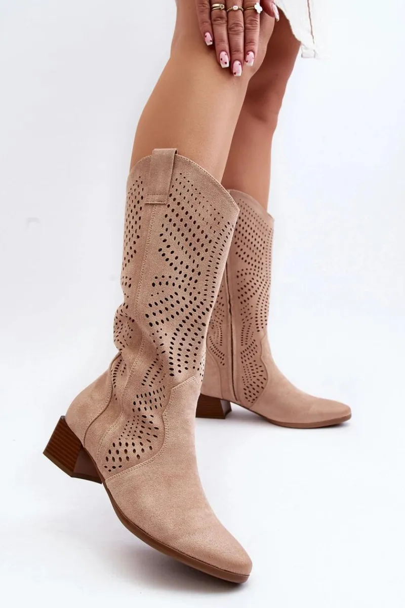Outlet Buty damskie Vinceza Ażurowe Kozaki Na Niskim Obcasie Beżowe Walea