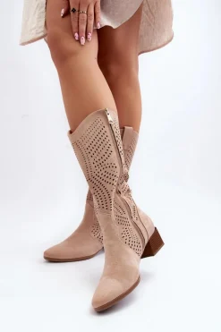 Outlet Buty damskie Vinceza Ażurowe Kozaki Na Niskim Obcasie Beżowe Walea