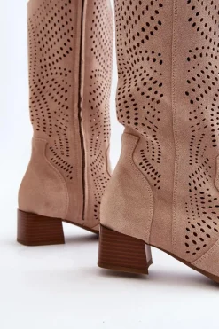 Outlet Buty damskie Vinceza Ażurowe Kozaki Na Niskim Obcasie Beżowe Walea