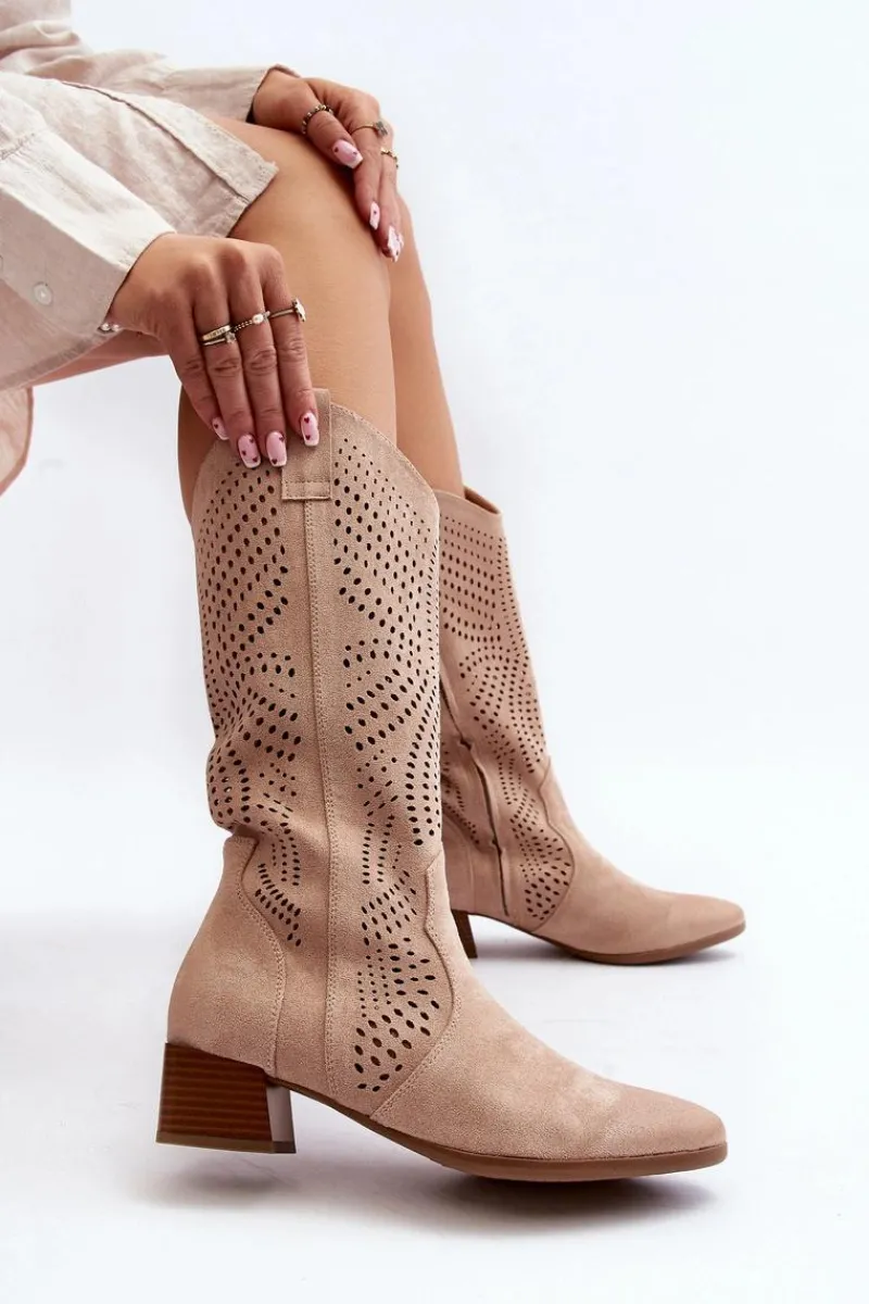 Outlet Buty damskie Vinceza Ażurowe Kozaki Na Niskim Obcasie Beżowe Walea