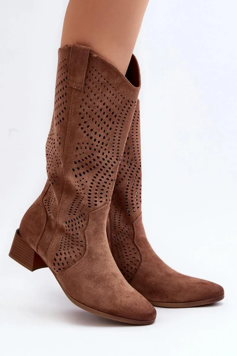 Kozaki Wiosenne|Kozaki Ażurowe>Buty damskie Vinceza Ażurowe Kozaki Na Niskim Obcasie Brązowe Walea
