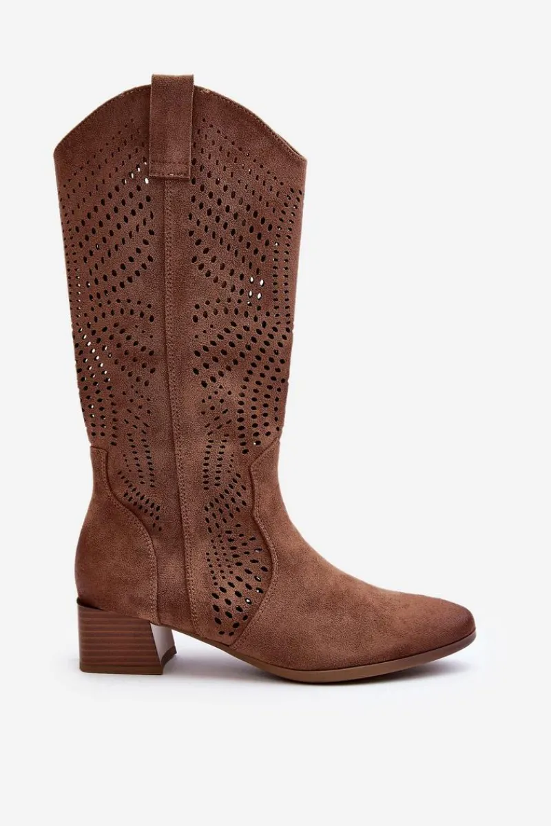 Kozaki Wiosenne|Kozaki Ażurowe>Buty damskie Vinceza Ażurowe Kozaki Na Niskim Obcasie Brązowe Walea