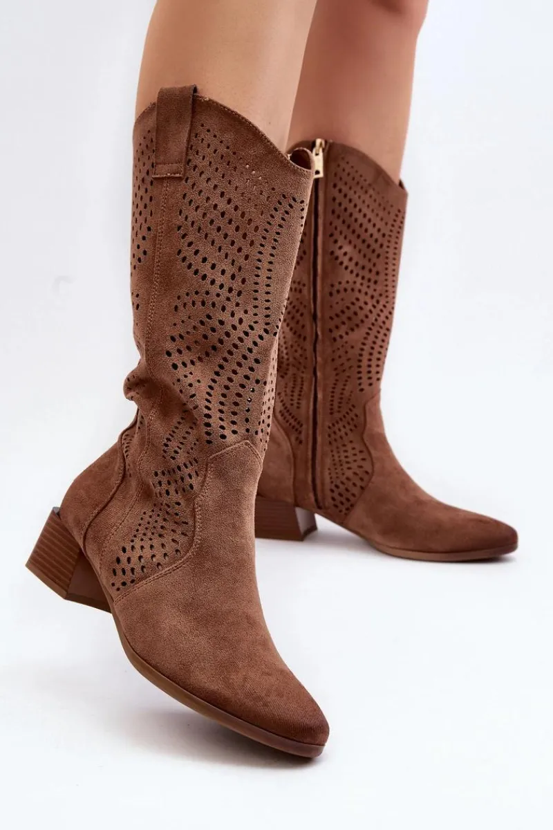 Kozaki Wiosenne|Kozaki Ażurowe>Buty damskie Vinceza Ażurowe Kozaki Na Niskim Obcasie Brązowe Walea