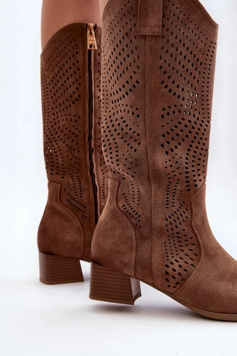 Kozaki Wiosenne|Kozaki Ażurowe>Buty damskie Vinceza Ażurowe Kozaki Na Niskim Obcasie Brązowe Walea