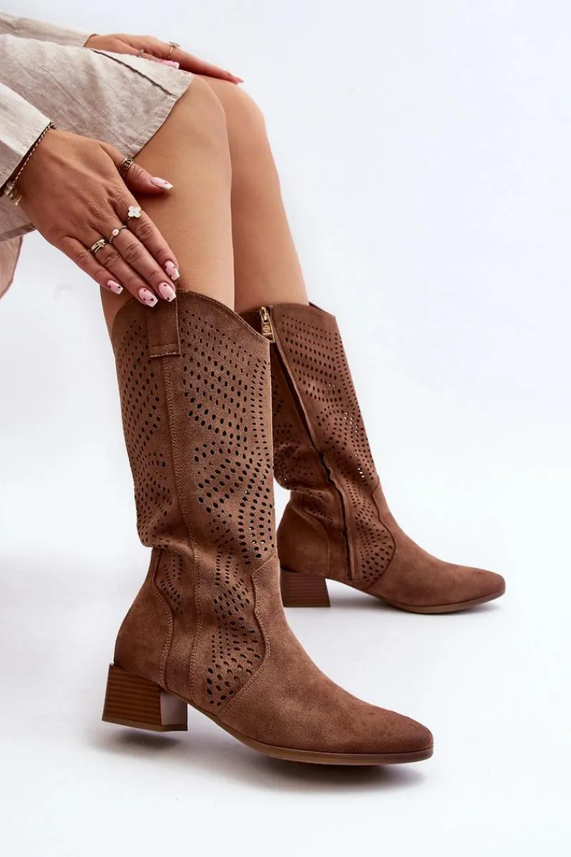 Kozaki Wiosenne|Kozaki Ażurowe>Buty damskie Vinceza Ażurowe Kozaki Na Niskim Obcasie Brązowe Walea