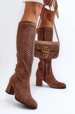 Hot Boto Ażurowe Kozaki Na Obcasie Zamszowe Brązowe Jolenna