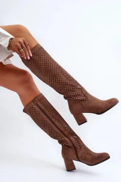 Hot Boto Ażurowe Kozaki Na Obcasie Zamszowe Brązowe Jolenna