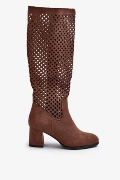 Hot Boto Ażurowe Kozaki Na Obcasie Zamszowe Brązowe Jolenna