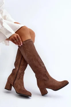 Hot Boto Ażurowe Kozaki Na Obcasie Zamszowe Brązowe Jolenna
