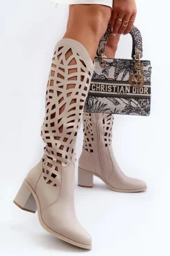 Online Boto Ażurowe Kozaki Na Obcasie Beżowe Pinkema