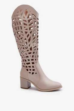 Online Boto Ażurowe Kozaki Na Obcasie Beżowe Pinkema