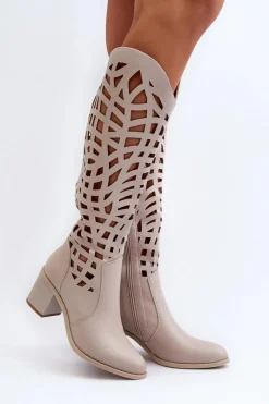 Online Boto Ażurowe Kozaki Na Obcasie Beżowe Pinkema