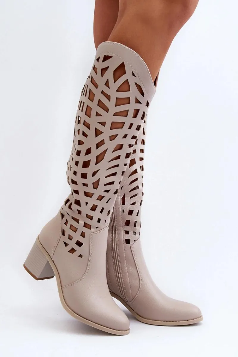 Online Boto Ażurowe Kozaki Na Obcasie Beżowe Pinkema