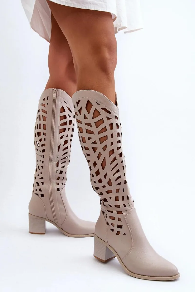 Online Boto Ażurowe Kozaki Na Obcasie Beżowe Pinkema