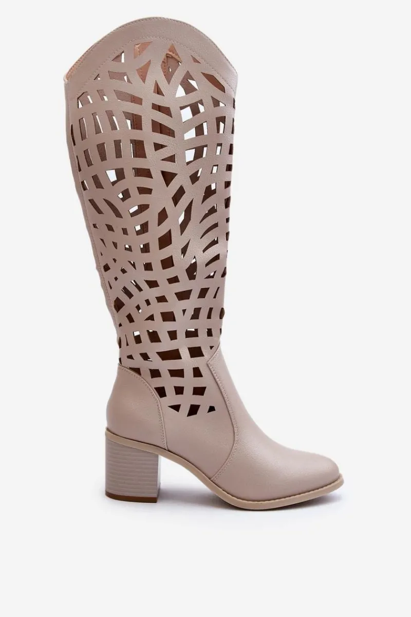Online Boto Ażurowe Kozaki Na Obcasie Beżowe Pinkema