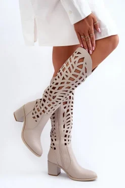 Online Boto Ażurowe Kozaki Na Obcasie Beżowe Pinkema