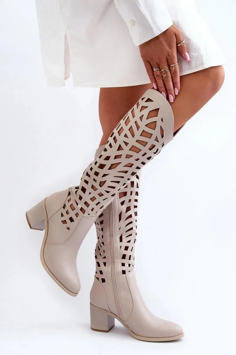 Online Boto Ażurowe Kozaki Na Obcasie Beżowe Pinkema