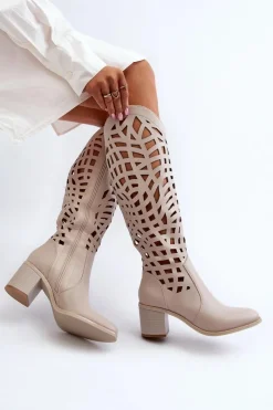 Online Boto Ażurowe Kozaki Na Obcasie Beżowe Pinkema