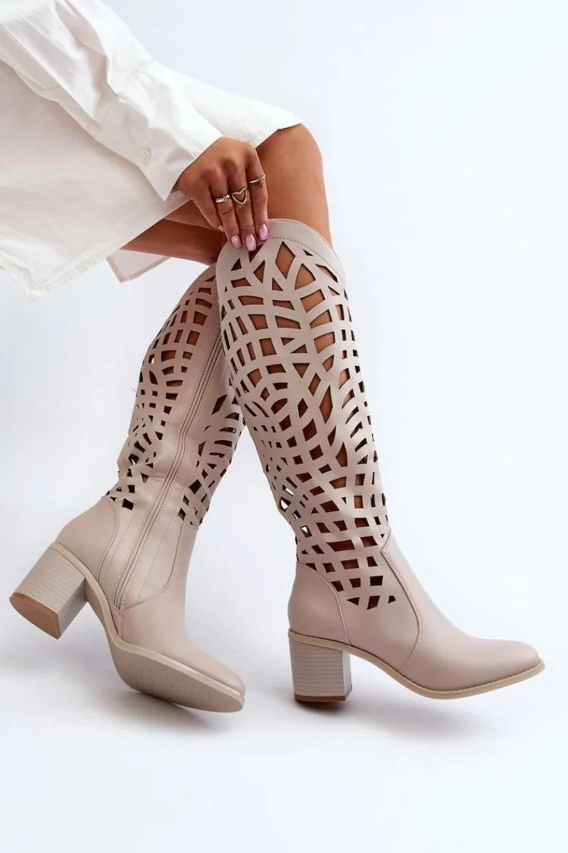 Online Boto Ażurowe Kozaki Na Obcasie Beżowe Pinkema