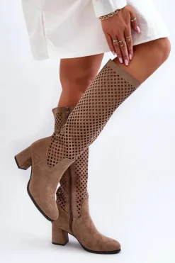 Ażurowe Kozaki Na Obcasie Zamszowe Beżowe Jolenna Damskie Kozaki Wiosenne|Kozaki Ażurowe
