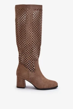Ażurowe Kozaki Na Obcasie Zamszowe Beżowe Jolenna Damskie Kozaki Wiosenne|Kozaki Ażurowe