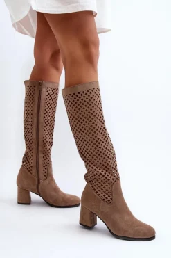Ażurowe Kozaki Na Obcasie Zamszowe Beżowe Jolenna Damskie Kozaki Wiosenne|Kozaki Ażurowe