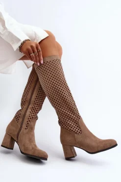 Ażurowe Kozaki Na Obcasie Zamszowe Beżowe Jolenna Damskie Kozaki Wiosenne|Kozaki Ażurowe