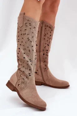 Online Ażurowe Kozaki Na Płaskim Obcasie HY51-176 Beżowe Damskie Kozaki Wiosenne|Kozaki Ażurowe