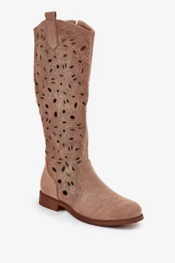 Online Ażurowe Kozaki Na Płaskim Obcasie HY51-176 Beżowe Damskie Kozaki Wiosenne|Kozaki Ażurowe
