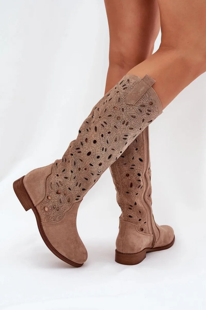 Online Ażurowe Kozaki Na Płaskim Obcasie HY51-176 Beżowe Damskie Kozaki Wiosenne|Kozaki Ażurowe