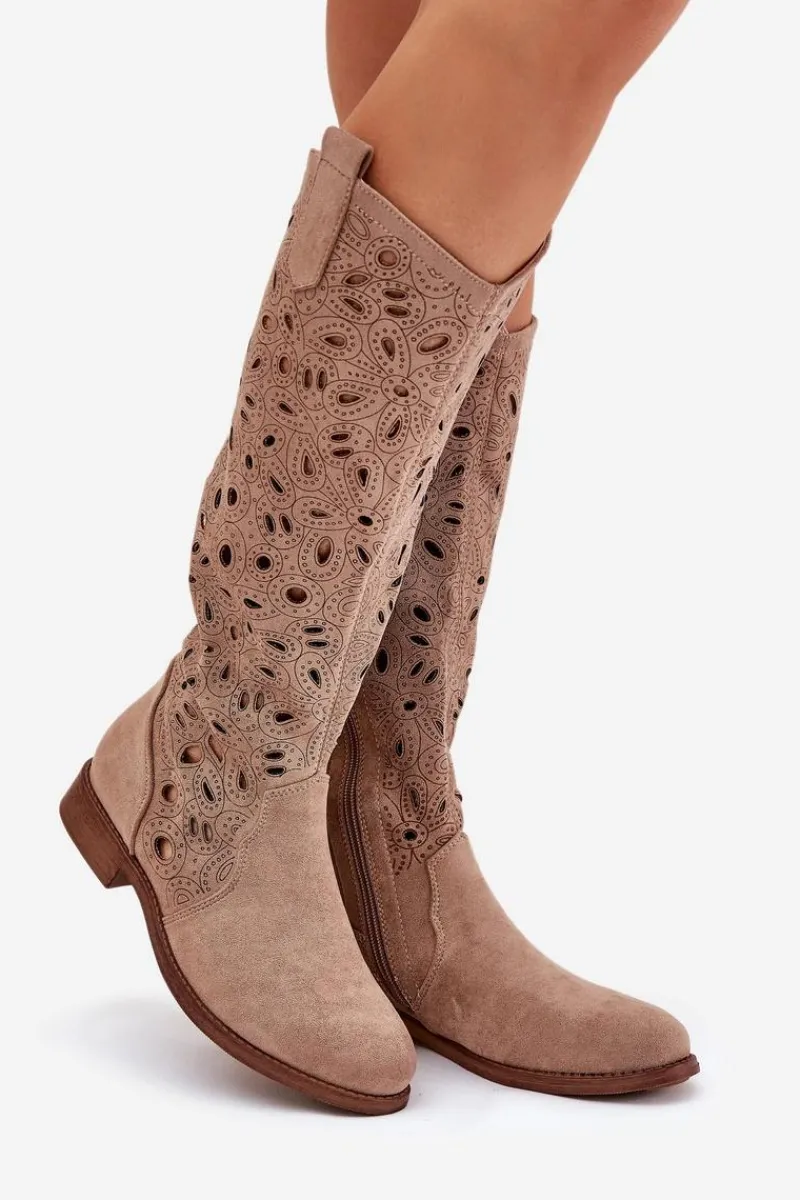 Online Ażurowe Kozaki Na Płaskim Obcasie HY51-176 Beżowe Damskie Kozaki Wiosenne|Kozaki Ażurowe