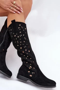 Kozaki Wiosenne|Kozaki Ażurowe>Damskie buty S.Barski Ażurowe Kozaki Na Płaskim Obcasie HY51-176 Czarne