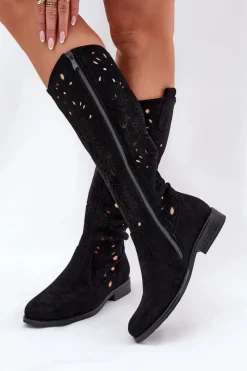 Kozaki Wiosenne|Kozaki Ażurowe>Damskie buty S.Barski Ażurowe Kozaki Na Płaskim Obcasie HY51-176 Czarne