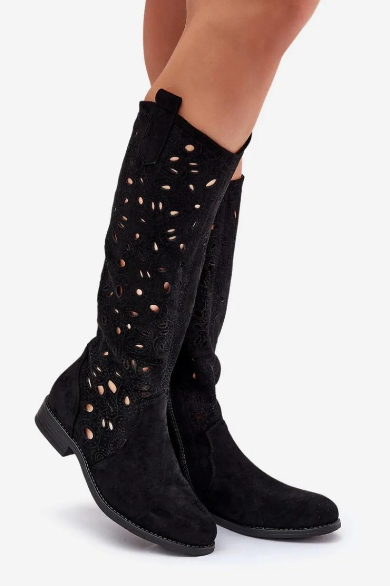 Kozaki Wiosenne|Kozaki Ażurowe>Damskie buty S.Barski Ażurowe Kozaki Na Płaskim Obcasie HY51-176 Czarne