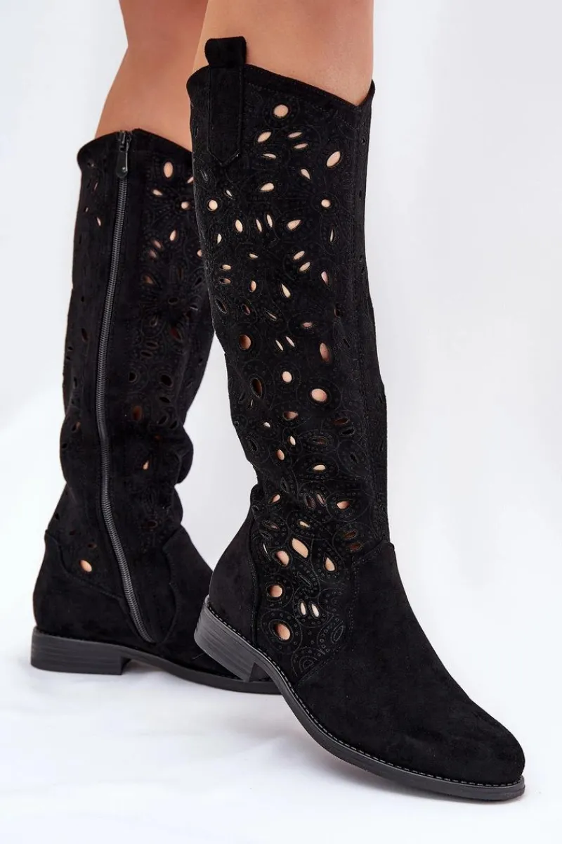 Kozaki Wiosenne|Kozaki Ażurowe>Damskie buty S.Barski Ażurowe Kozaki Na Płaskim Obcasie HY51-176 Czarne
