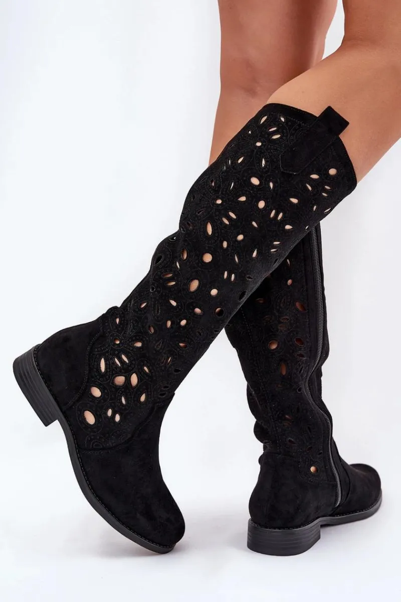 Kozaki Wiosenne|Kozaki Ażurowe>Damskie buty S.Barski Ażurowe Kozaki Na Płaskim Obcasie HY51-176 Czarne
