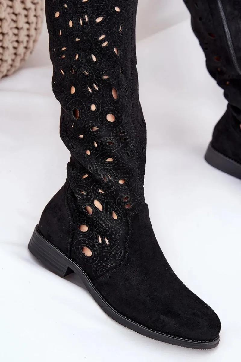 Kozaki Wiosenne|Kozaki Ażurowe>Damskie buty S.Barski Ażurowe Kozaki Na Płaskim Obcasie HY51-176 Czarne