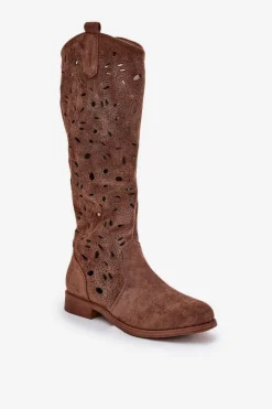 Clearance Damskie buty S.Barski Ażurowe Kozaki Na Płaskim Obcasie HY51-176 Brązowe