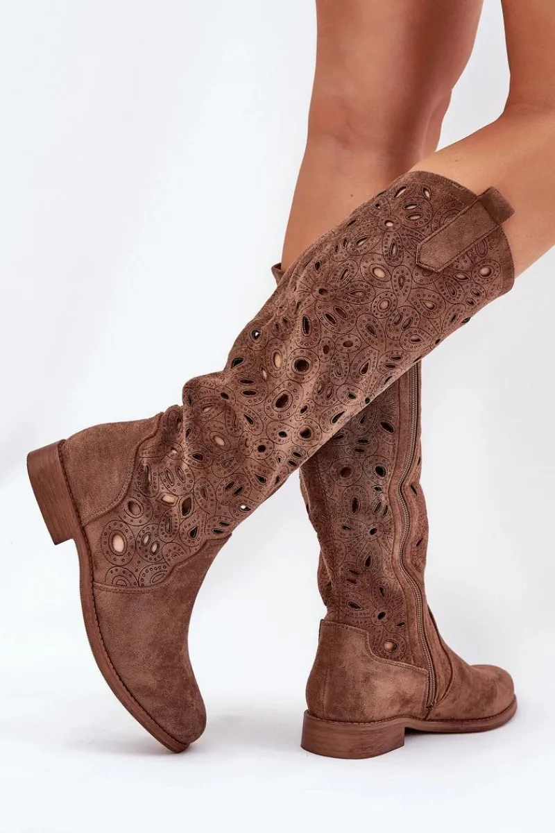 Clearance Damskie buty S.Barski Ażurowe Kozaki Na Płaskim Obcasie HY51-176 Brązowe