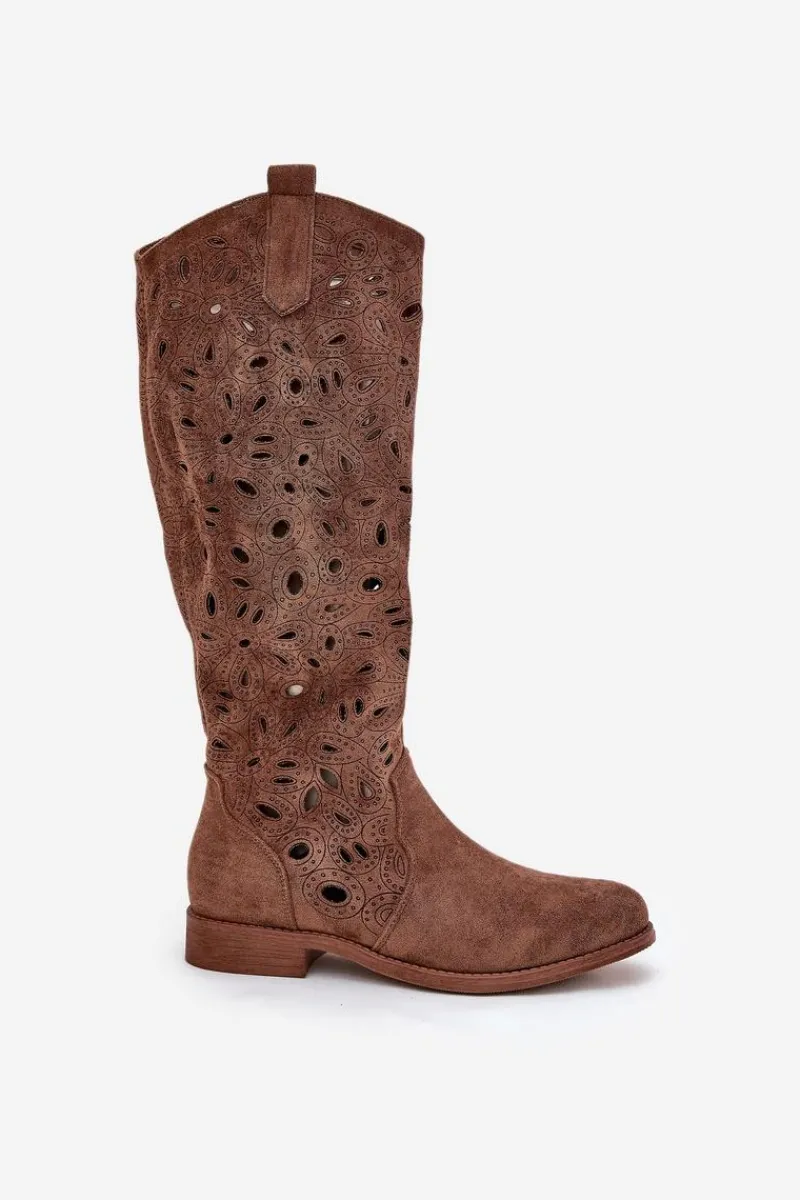 Clearance Damskie buty S.Barski Ażurowe Kozaki Na Płaskim Obcasie HY51-176 Brązowe