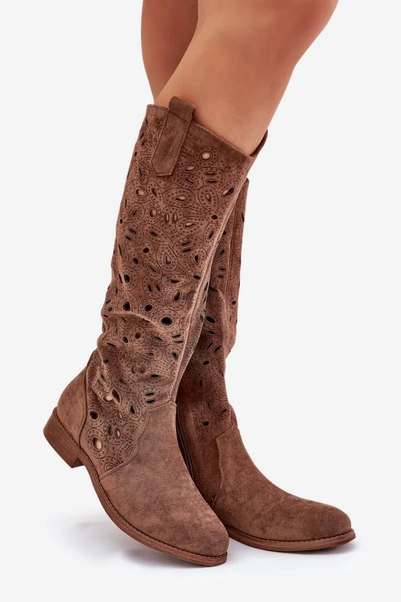 Clearance Damskie buty S.Barski Ażurowe Kozaki Na Płaskim Obcasie HY51-176 Brązowe