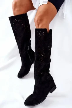 Kozaki Wiosenne|Kozaki Ażurowe>Boto Ażurowe Kozaki Na Ukrytym Koturnie Czarne Lara