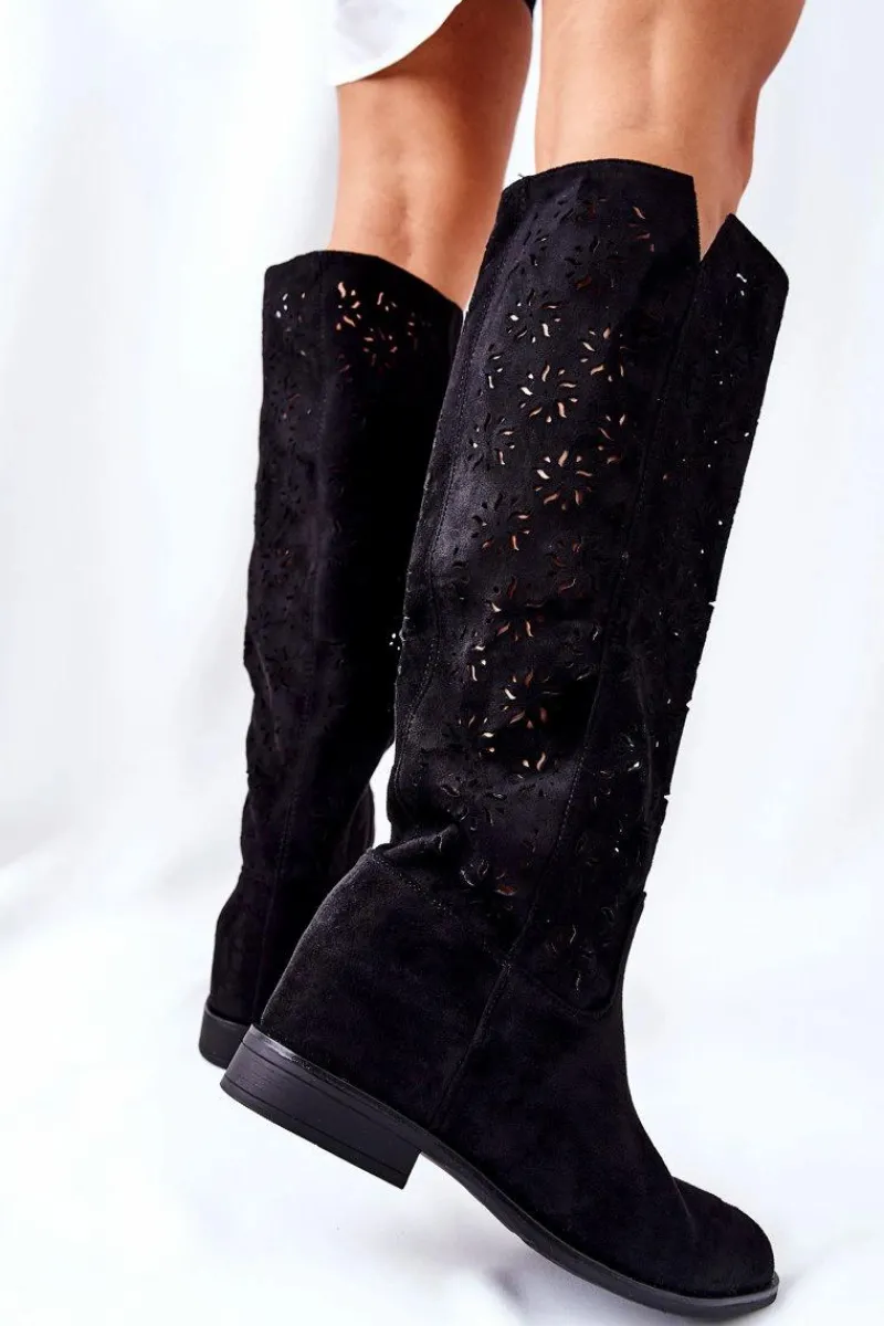 Kozaki Wiosenne|Kozaki Ażurowe>Boto Ażurowe Kozaki Na Ukrytym Koturnie Czarne Lara